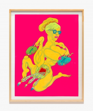 Work on board by Peter Saul titled Ahndee Wahhol from 1971