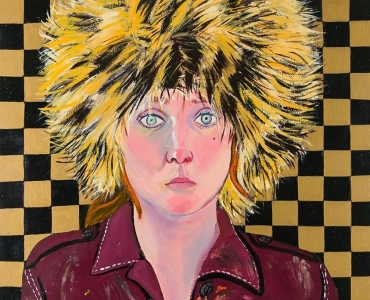 Detail of a painting by Joan Brown titled Self Portrait in Fur Hat from 1972