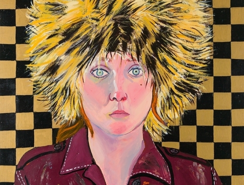 Detail of a painting by Joan Brown titled Self Portrait in Fur Hat from 1972