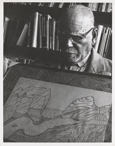 Joseph Elmer Yoakum with &ldquo;Mississippi River Neir Noth Side,&quot; c. late 1960s. Archives of American Art, Smithsonian Institution, Whitney B. Halstead papers