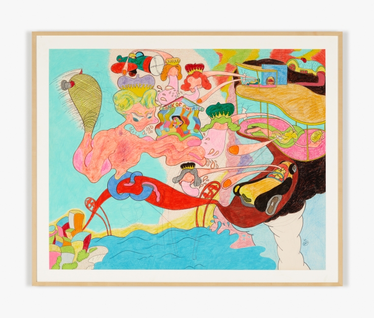 Work on board from 1966 by Peter Saul titled American Soldier Returns to His Wife