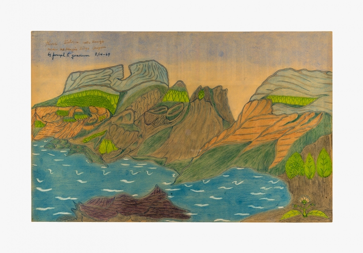 Drawing by Joseph Yoakum titled "Three Sisters Mountain range near McKenzie Ridge" from 1969