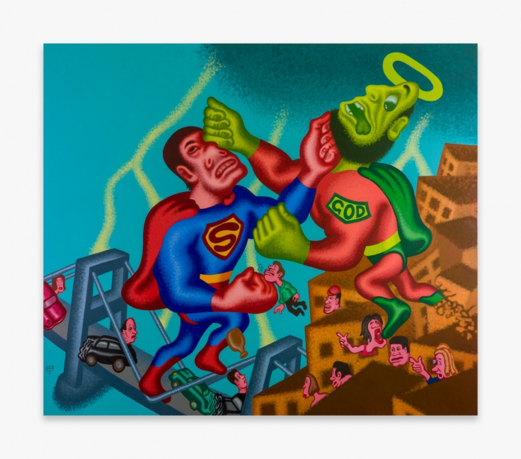 Painting by Peter Saul titled Superman and God from 2021