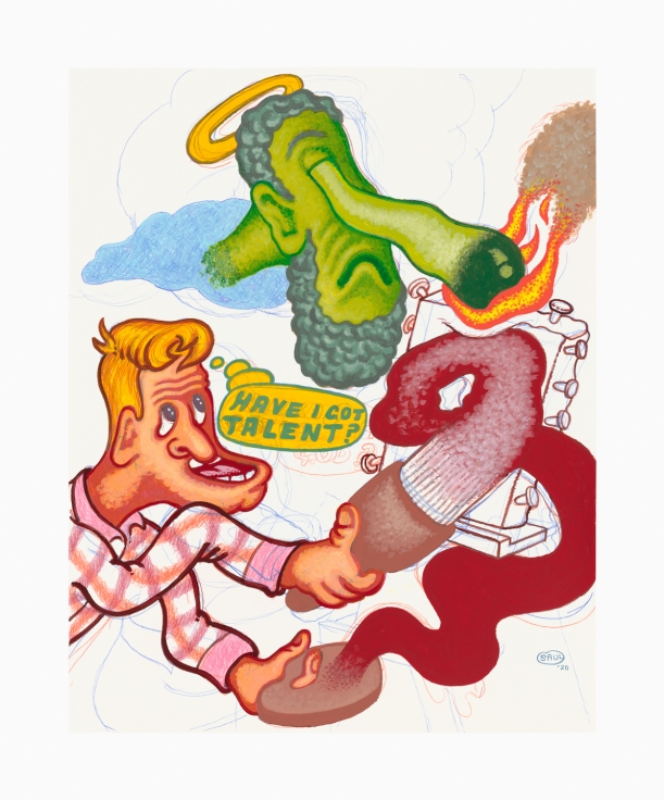 Work on paper by Peter Saul titled Have I Got Talent from 2020