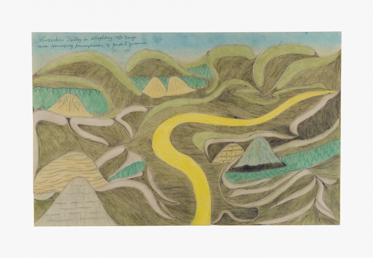 Drawing by Joseph Yoakum titled "Sweeden Valley in allegheny mtn Range near Harrisburg Pennsylvania" from 1968