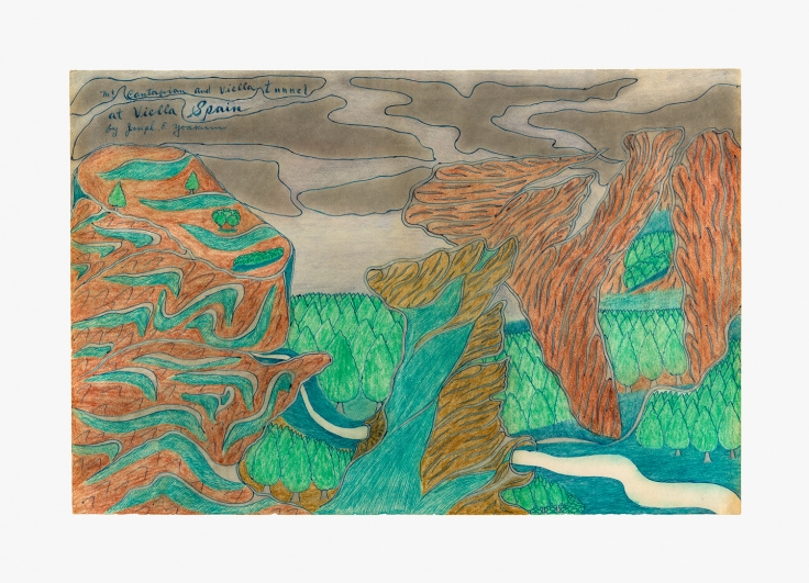 Drawing by Joseph Yoakum titled "Mt. Cantafrian and Viella Tunnel" from 1965